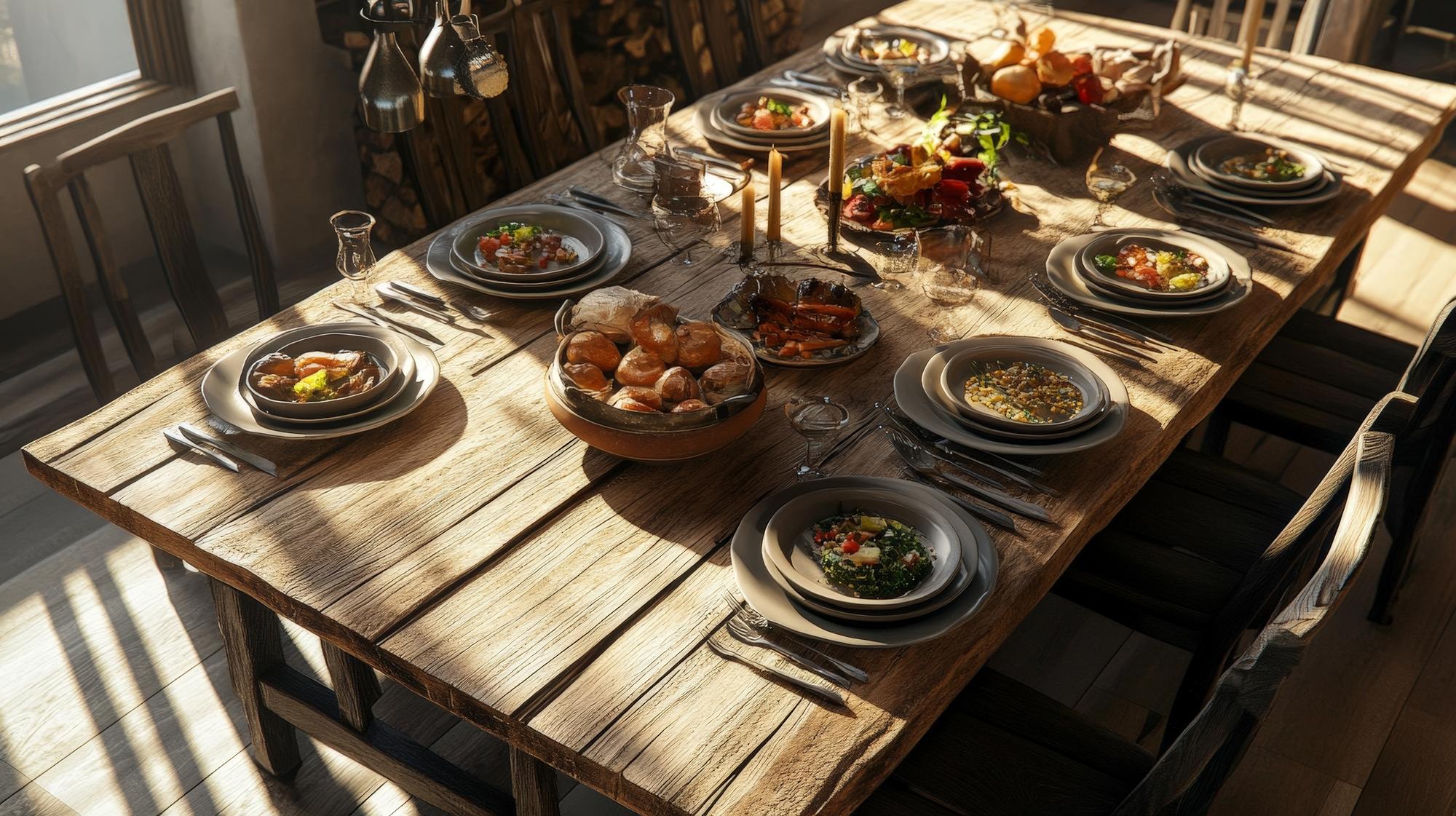 Long wooden table set for a tasting with seasonal plates overlapping